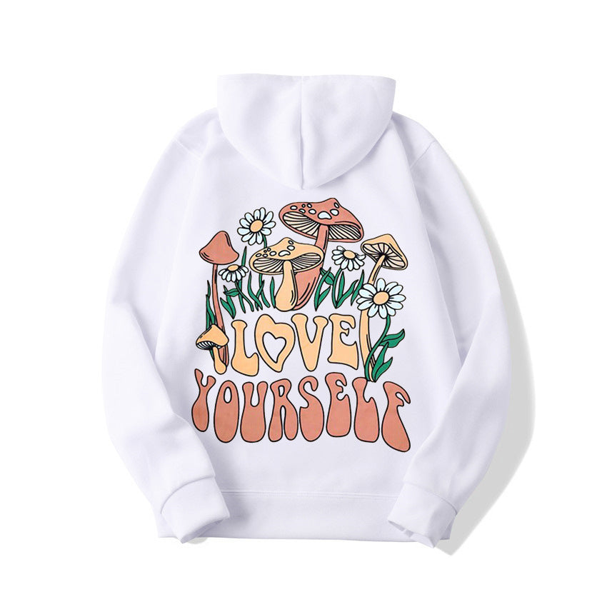 Plus Size Cute Mushroom Slogan Cozy Pullover Hoodie