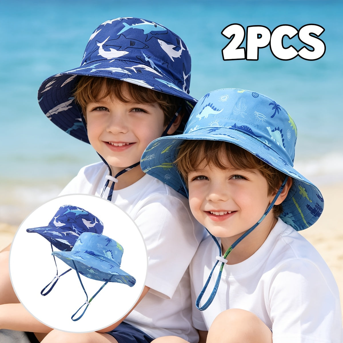 Boys' Shark and Dinosaur Print Wide-Brim Bucket Hats