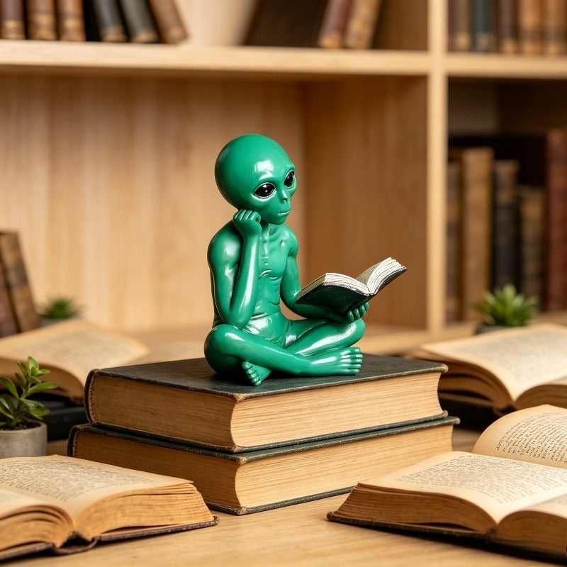 Alien Figurine Reading Book Statue in Green Resin