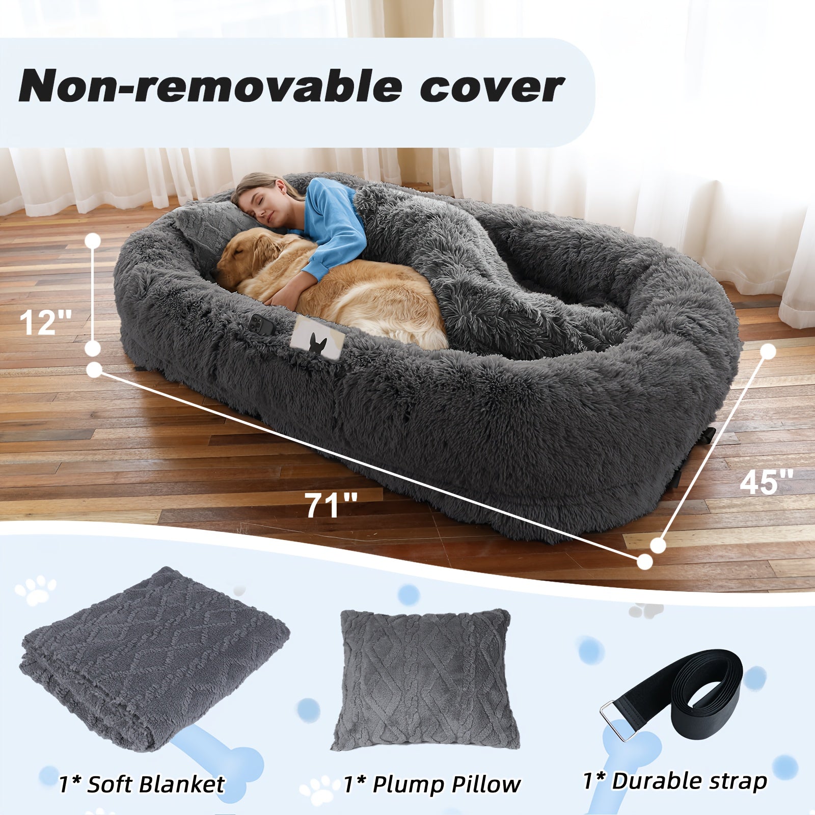 XXL Orthopedic Human-Dog Bed with Plush Pillow & Blanket - 71"x45"x12" Washable Faux Fur Bed for people & Pets, Non-Slip Base, Removable Cover - Grey Sofa Napping Couch for Large