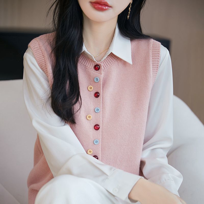 Women's Crew-neck Knitted Cardigan Vest with Colorful Buttons