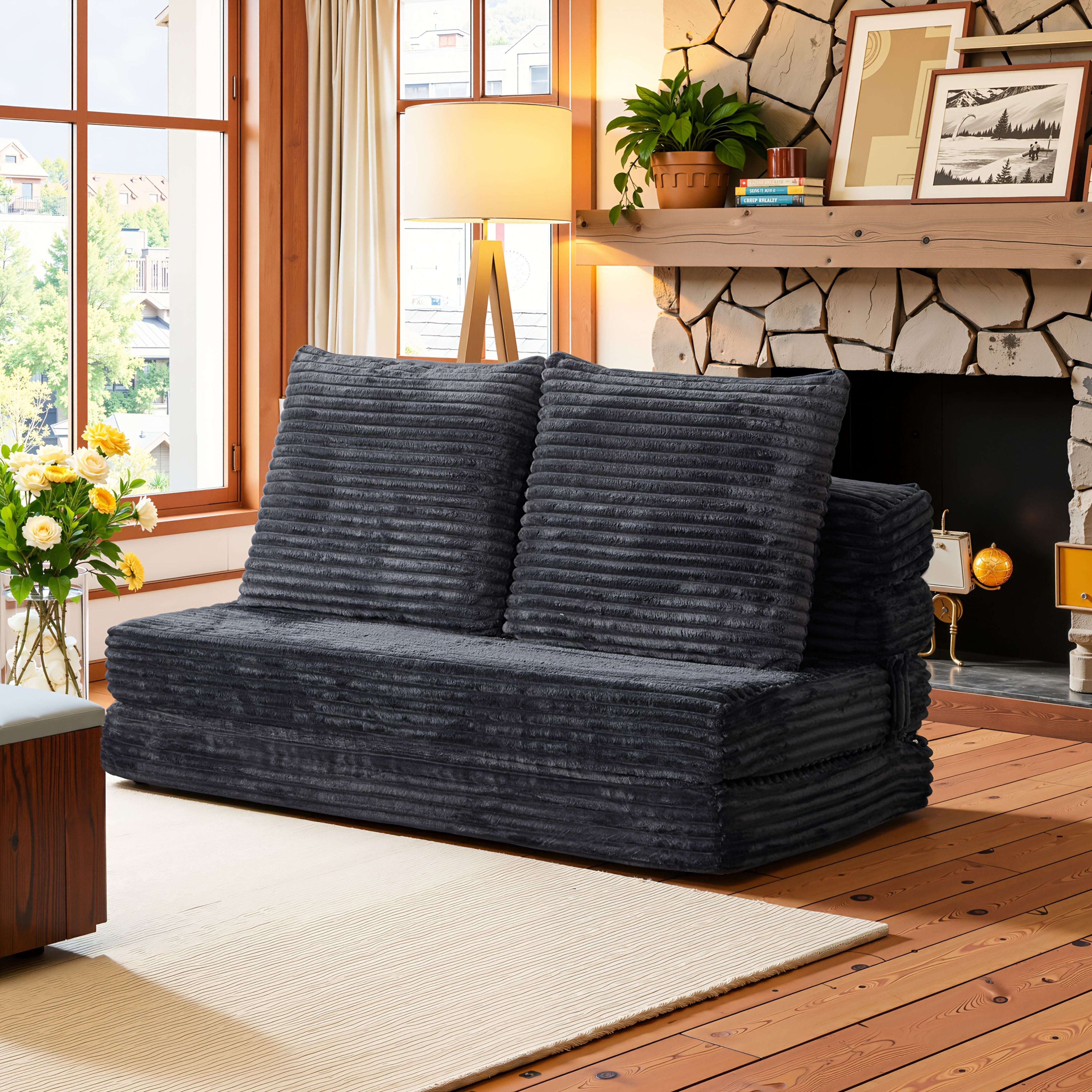 Modular L-shaped chaise longue sofa bed with deep seat and corduroy upholstery