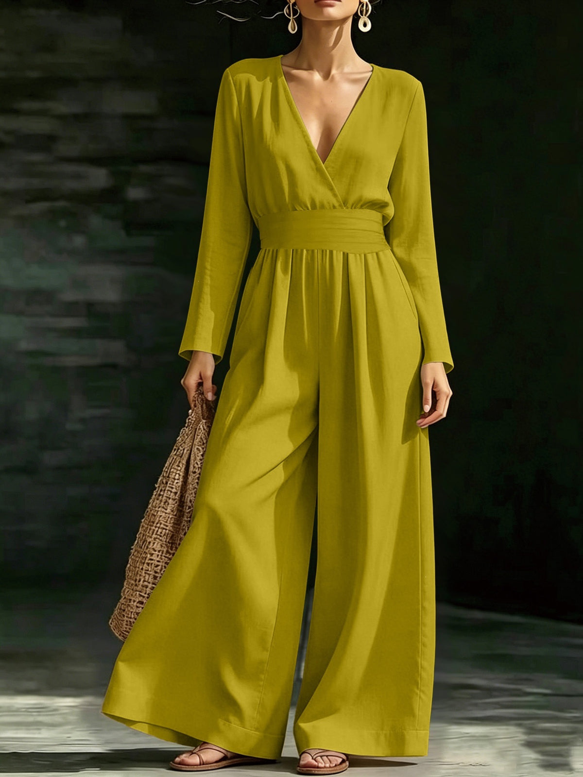 Elegant Long-Sleeve V-Neck Knit Jumpsuit for Women