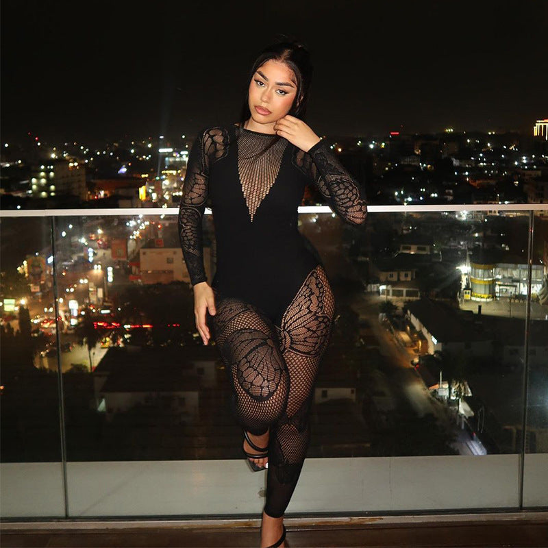 Sexy Butterfly See-Through Long Sleeve Romper Jumpsuit