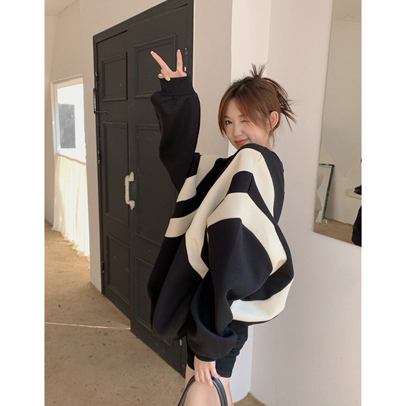 Korean Style Contrast Stitching Oversized Women's Sweater