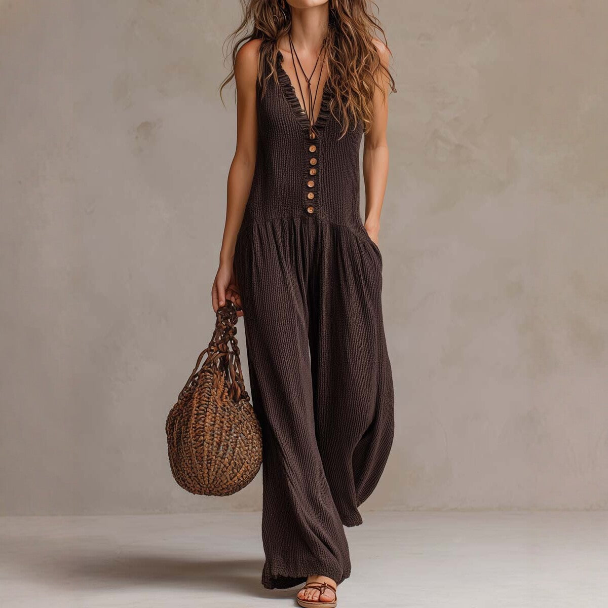 Women's Loose V-Neck Sleeveless Wide-Leg Jumpsuit