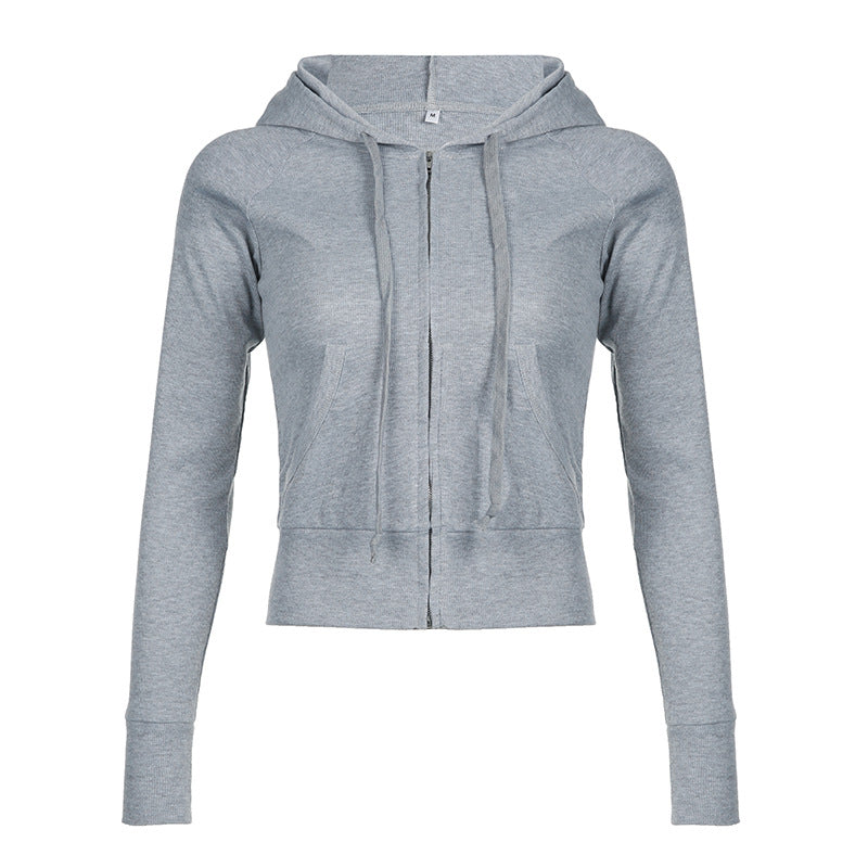 Women's Gray Ribbed Hooded Zip-Up Short Cardigan Sweater
