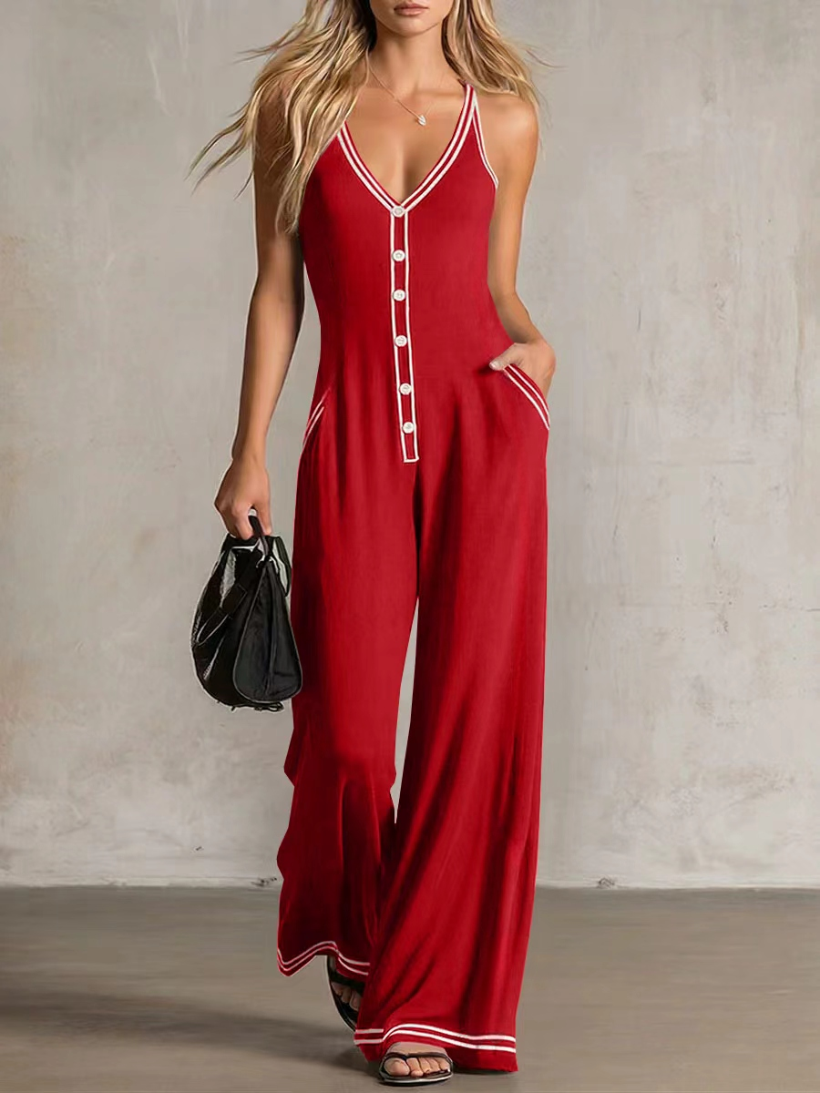 Chic French V-Neck Wide-Leg Cami Jumpsuit