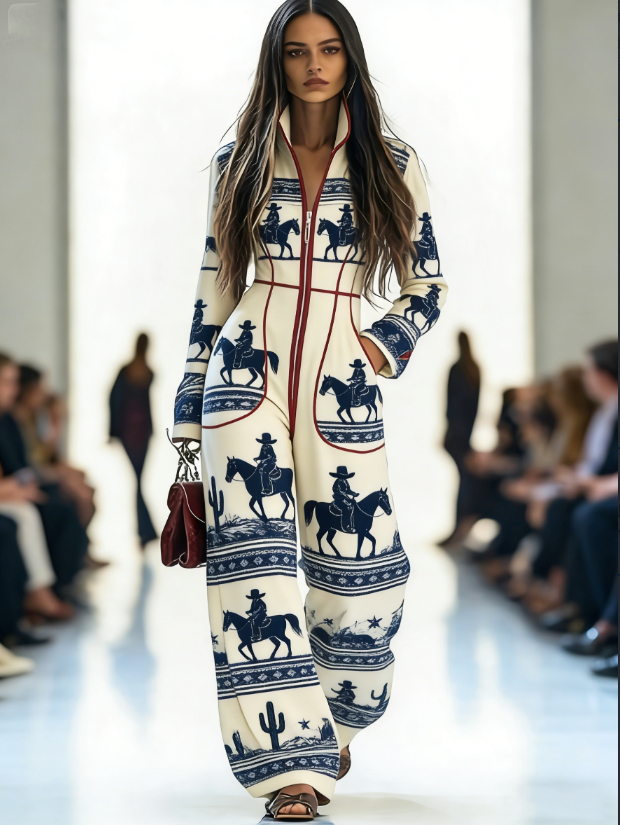 Zippered Long-sleeved Casual Wide-leg Jumpsuit