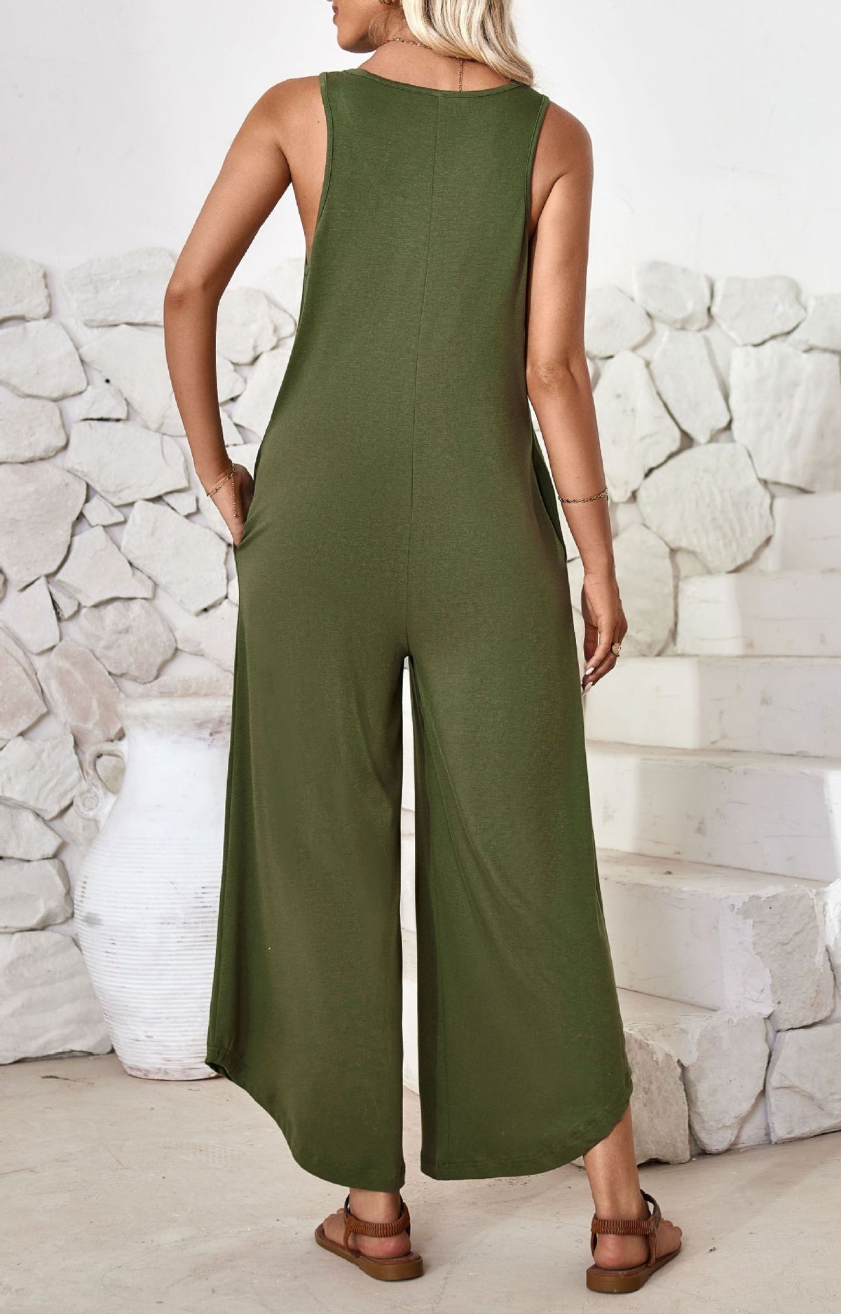 Women's Casual V-Neck Pocket Wide Leg Jumpsuit
