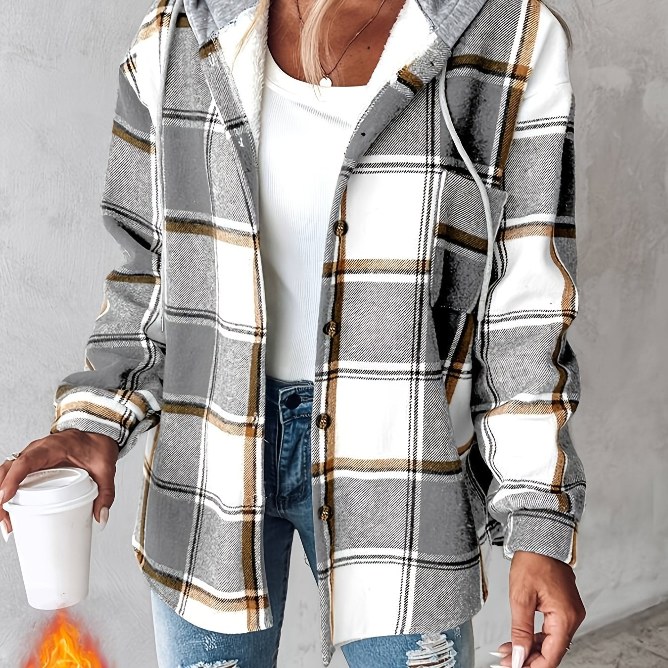 Women's Plaid Hooded Jacket with Fleece Lining