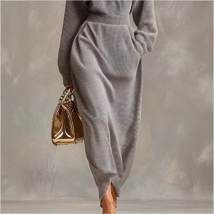 Elegant V-Neck Waffle-Knit Zip Casual Dress