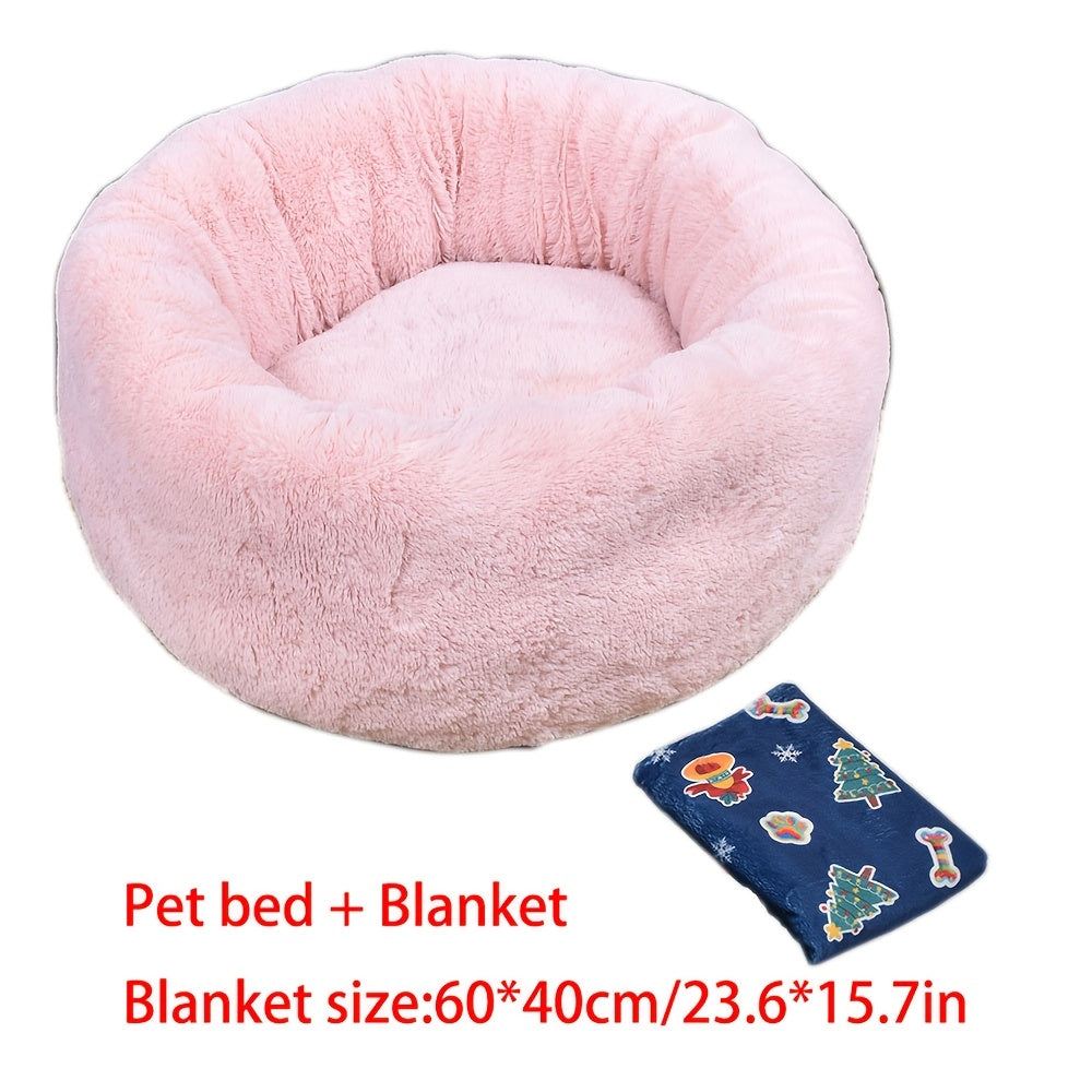 2Pcs Plush Dog & Cat Bed, Winter Warm Pet Round Nest For Small Pets + Christmas Floral Blanket (23.62*15.75Inch), Pet Bed, Cozy Pet Nest, Floral Design, Festive Pet Accessory, Plush Material, Cat L...