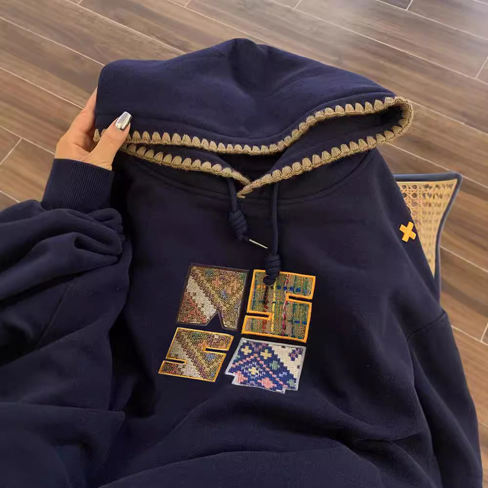 Retro Ethnic Woven Patch Loose Hooded Sweater