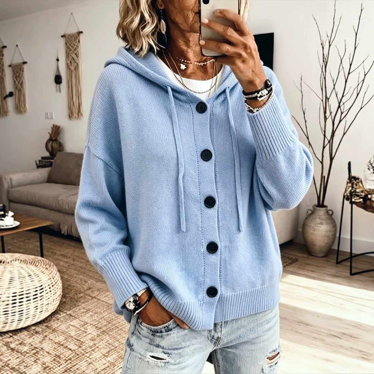 Casual Loose-fit Hooded Cardigan Sweater with Buttons