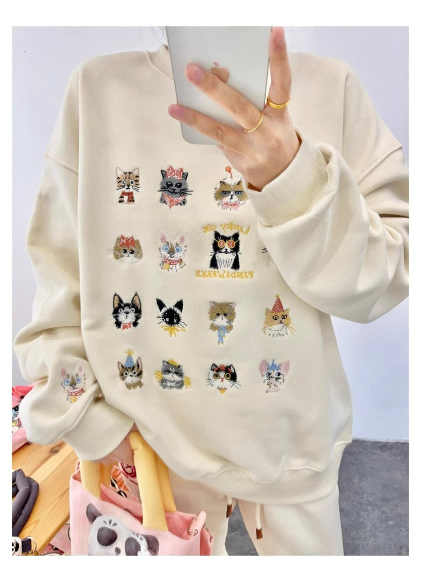 Cute Kitten Embroidered Loose Streetwear Sweater Coat
