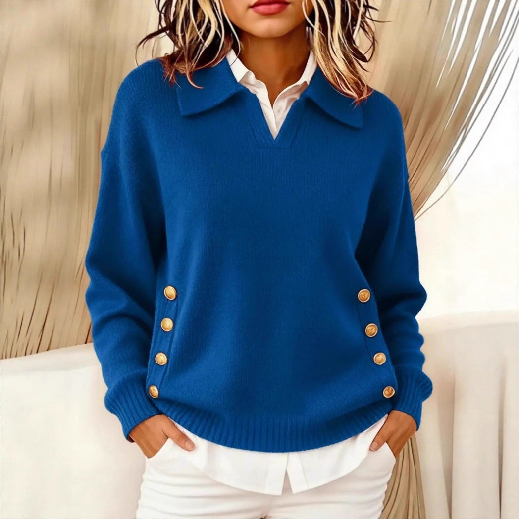 Turn-down Collar Button-down Collar Pullover Women's Long Sleeve