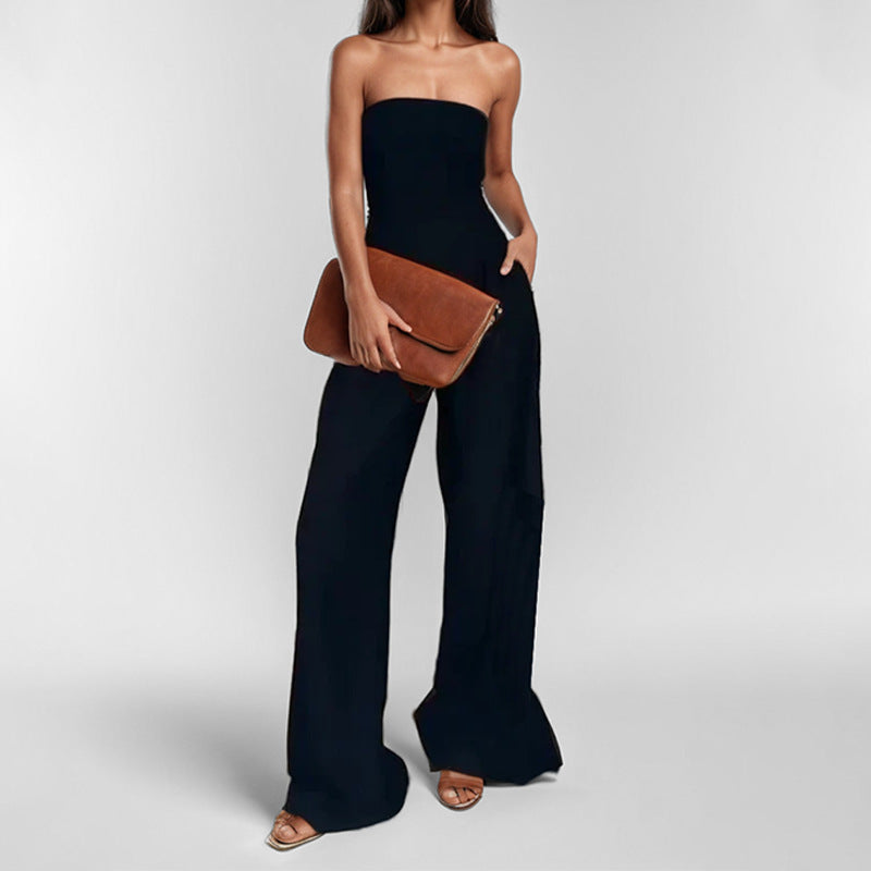 Elegant High-Waist Solid-Color Tube Top Jumpsuit For Women