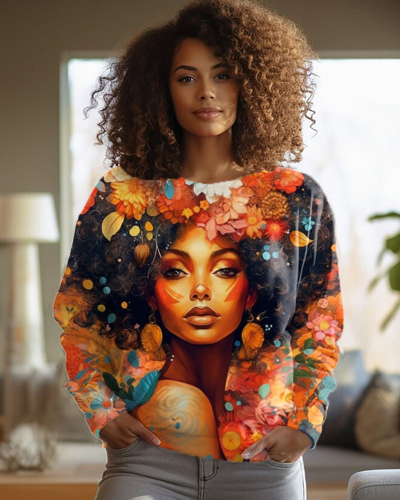 Chic Printed Long-Sleeve Round-Neck Women's Sweater