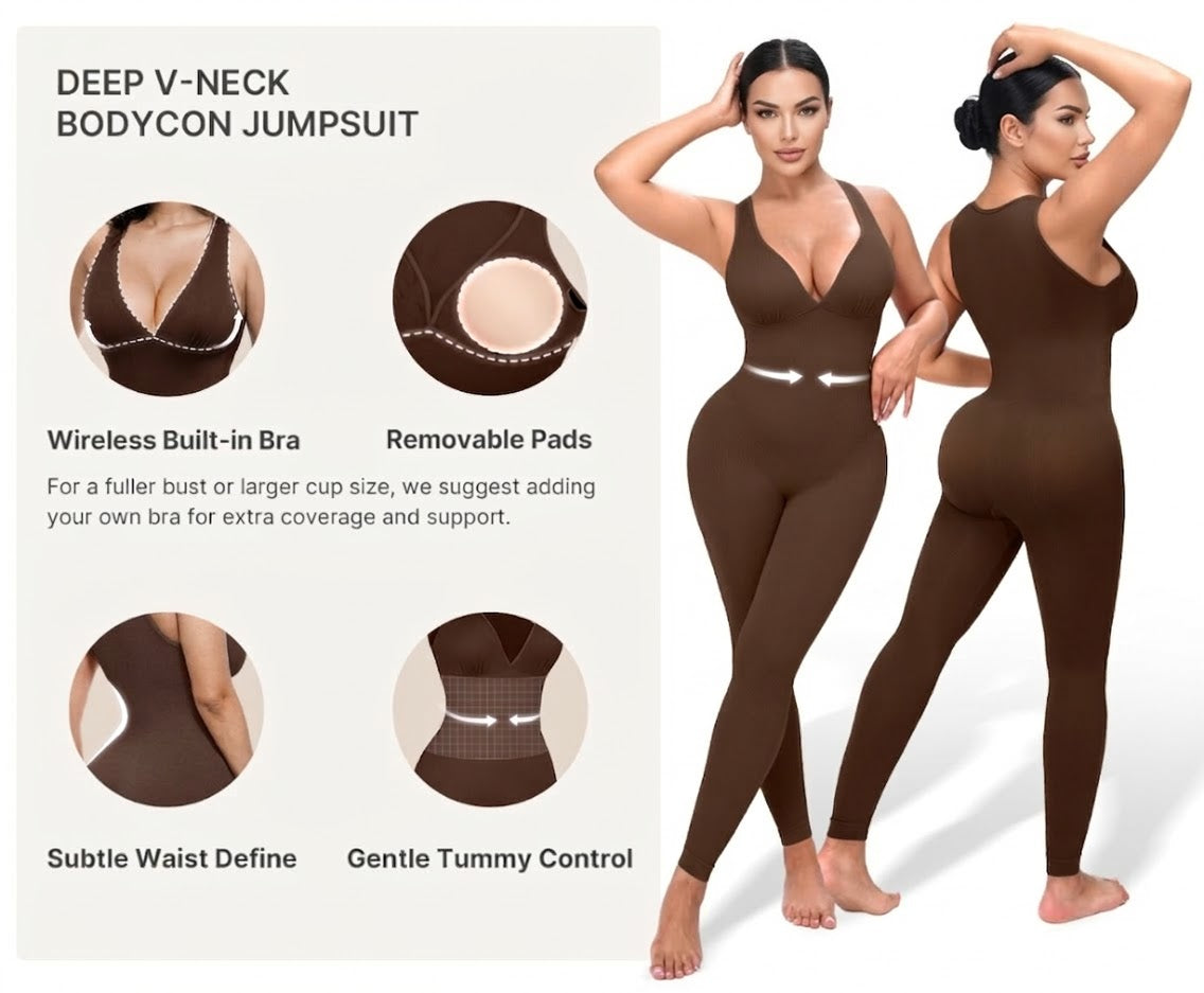 Deep V Shapewear With Chest Support Breathable High-Waisted Tummy Control Jumpsuit
