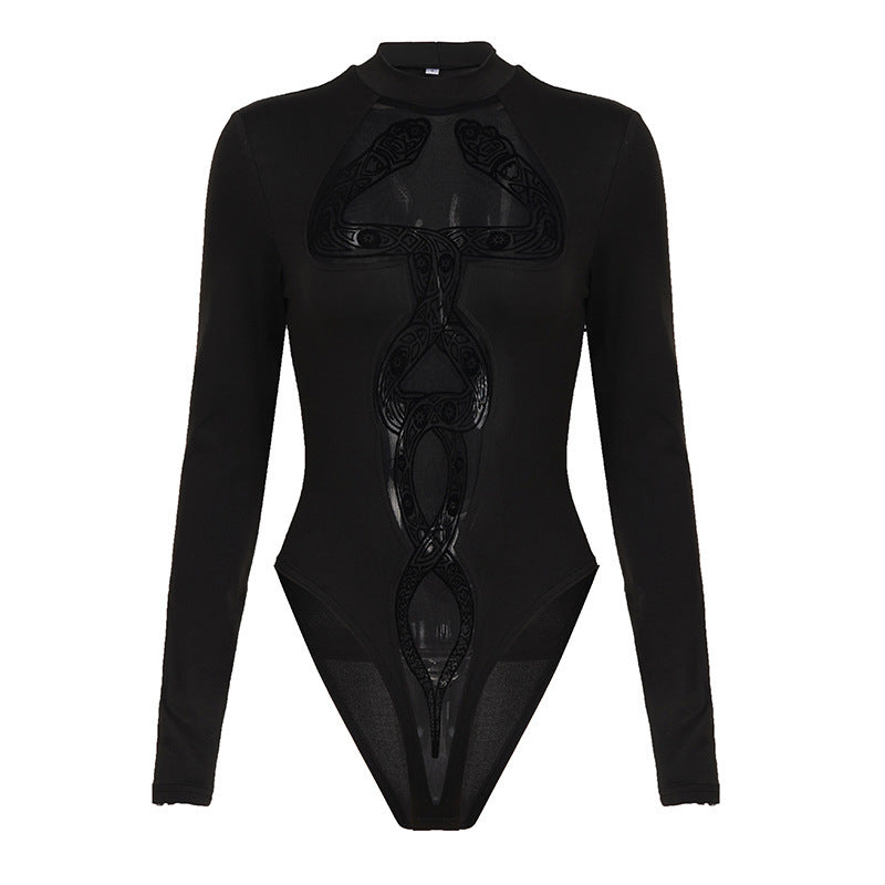 Printed Mesh Sheer Sexy Crew Neck Long Sleeve Top For Women