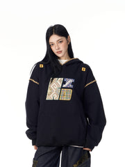 Retro Colorblock Stripe Stand Collar Hooded Coat