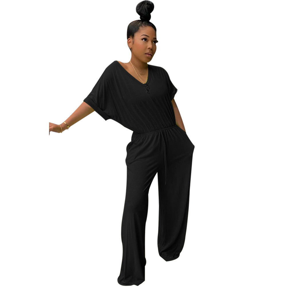 Women's Casual V-Neck Loose Solid Color Jumpsuit