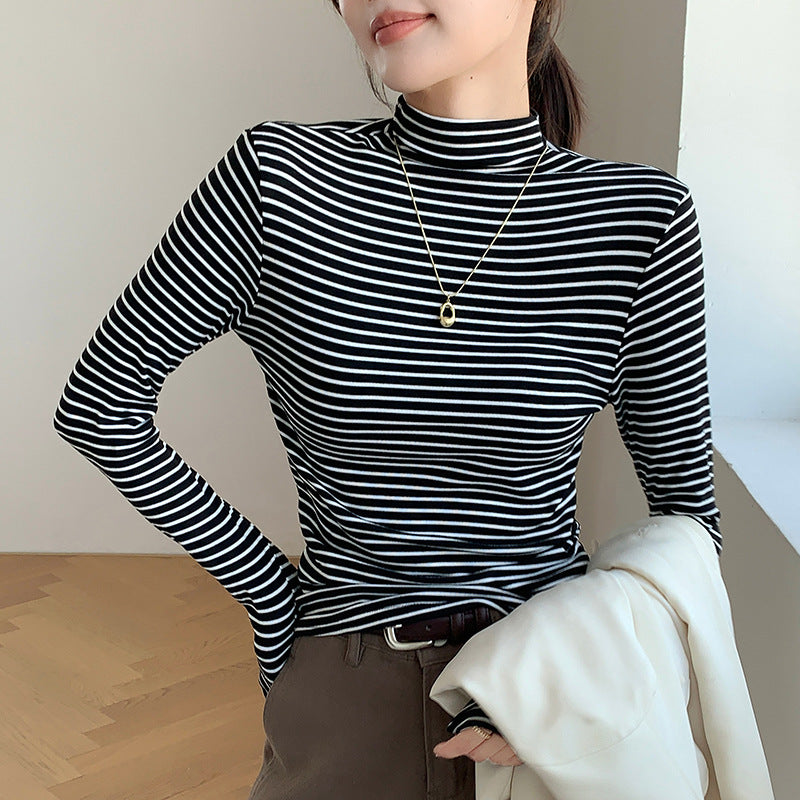 Half Collar Top Pinstripe Long-sleeved T-shirt