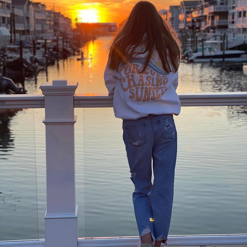 Sunset Print Fleece-Lined Kangaroo Pocket Hoodie