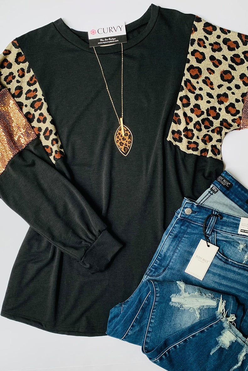 Plus Size Leopard Print Long Sleeve Pullover Sweatshirt
