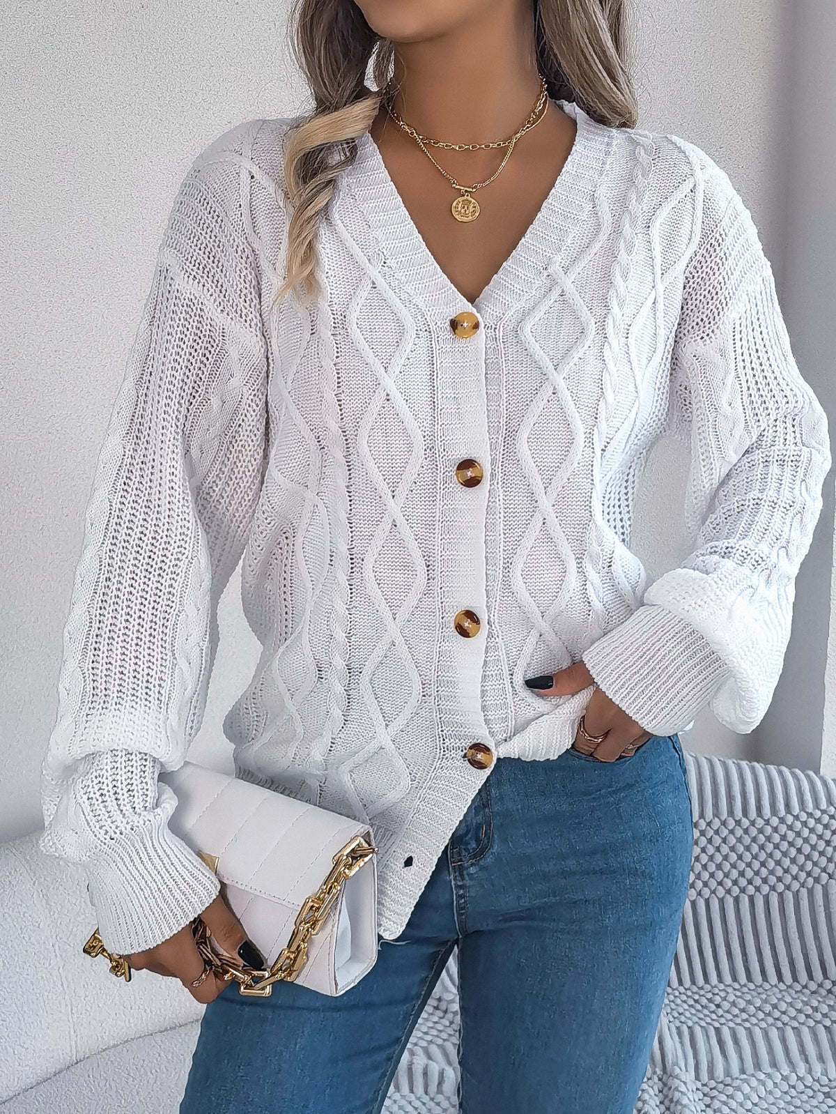 Women Casual V-neck Lantern Sleeve Cable Knit Button Cardigan Sweater