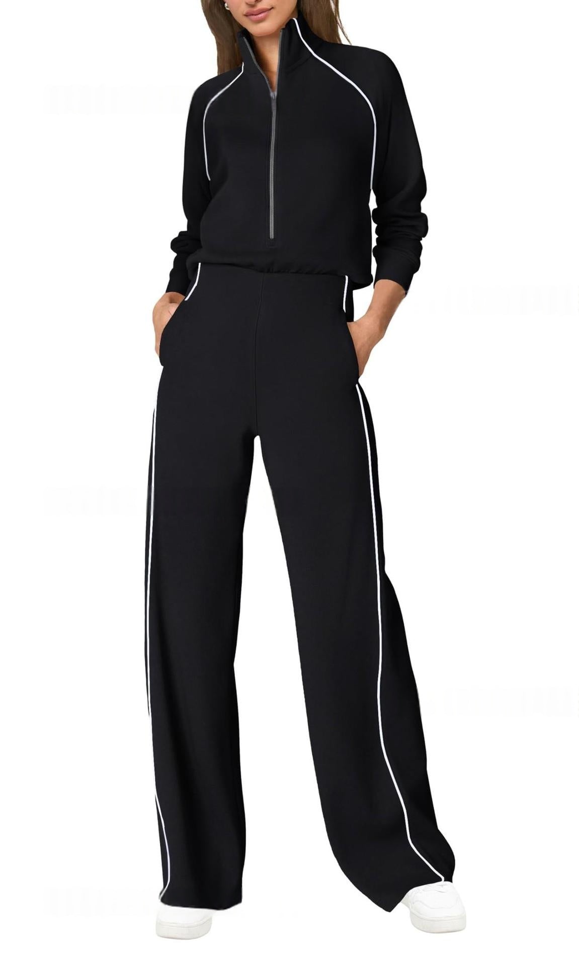 Color-Block Half-Zip Casual Sports Jumpsuit