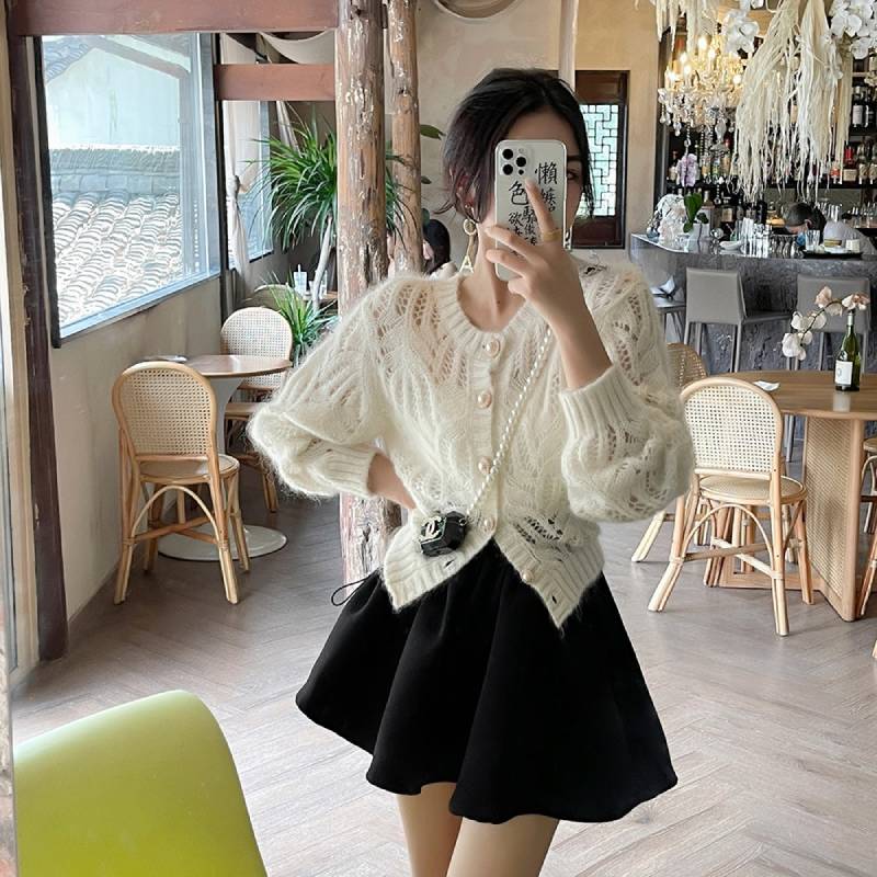 Hollow Mohair White Sweaters Cardigan
