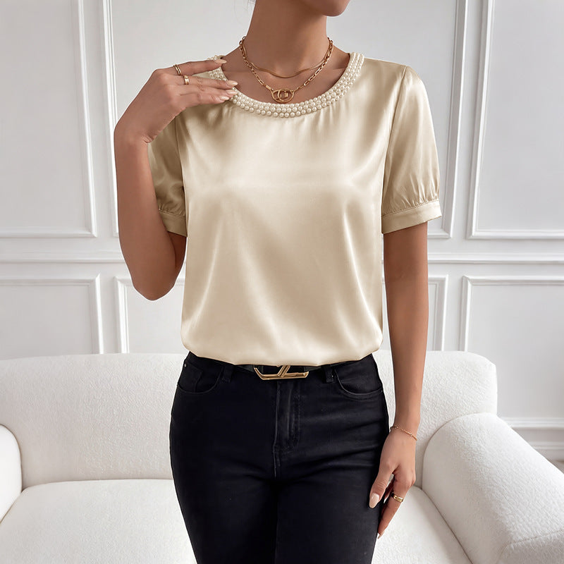 Summer New Satin Crew Neck Beaded Puff Sleeve Jumpsuit