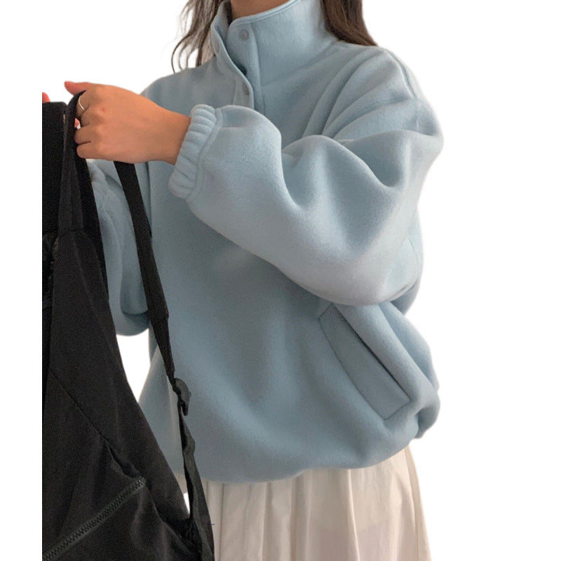 Cozy Stand Collar Fleece Pullover Sweater Top