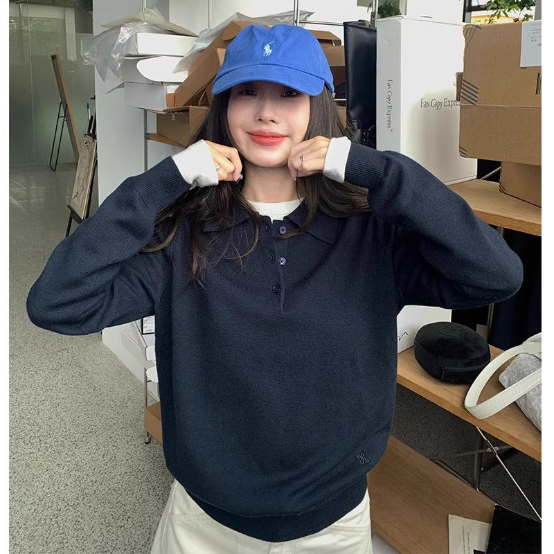 Korean-style Youthful Embroidered Polo-neck Knit Top