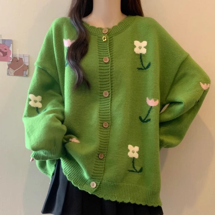 Idle Style Loose Youthful-looking Embroidered Flower Knitted Cardigan Sweater