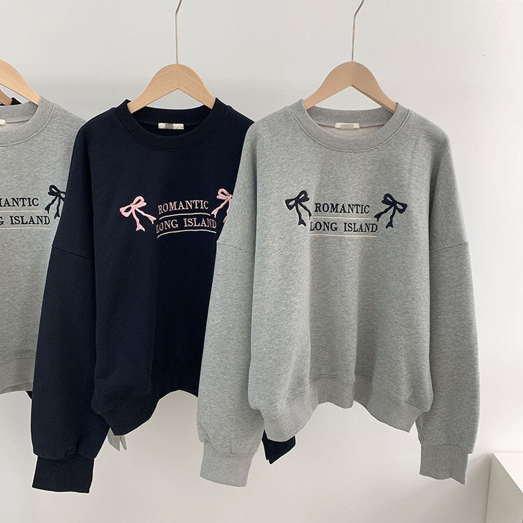 Retro Bowknot Embroidered Oversized Terry Sweater