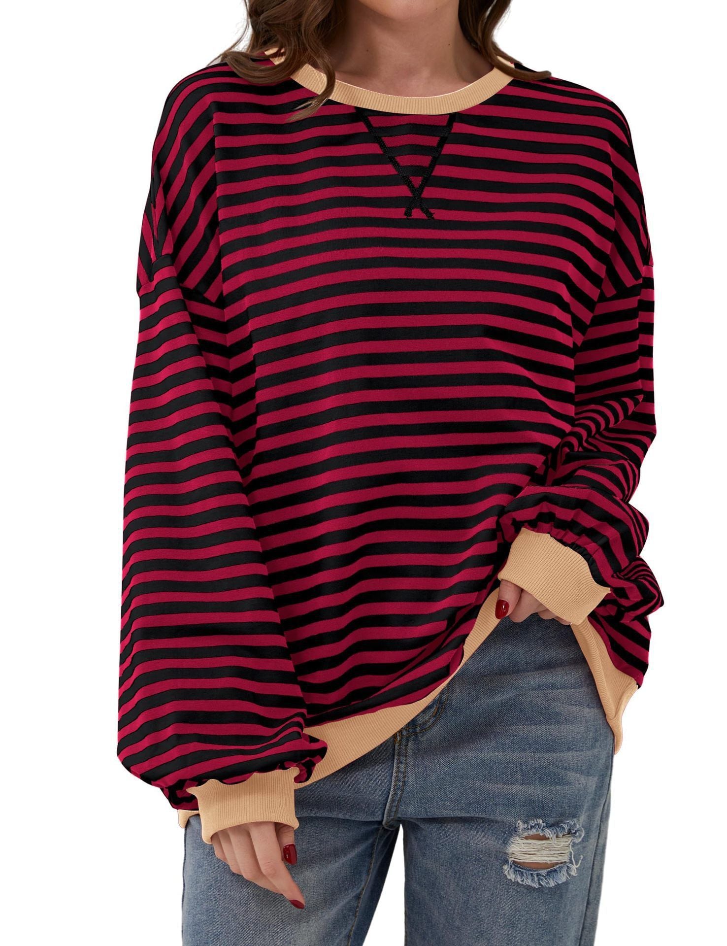 Casual Striped Round Neck Long Sleeve Slim Pullover Top