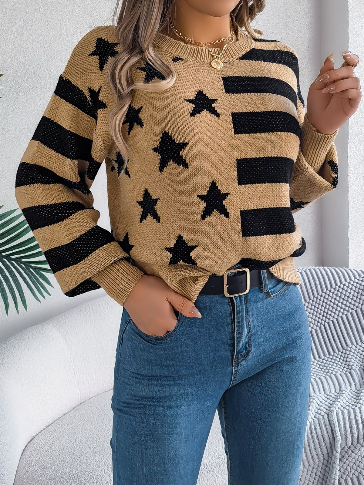 Women Casual Star Stripe Lantern Sleeve Long Sleeve Pullover Sweater