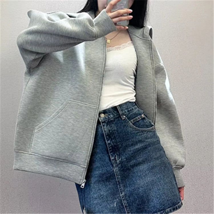 Women's Casual Gray Zip Cotton Sweatshirt