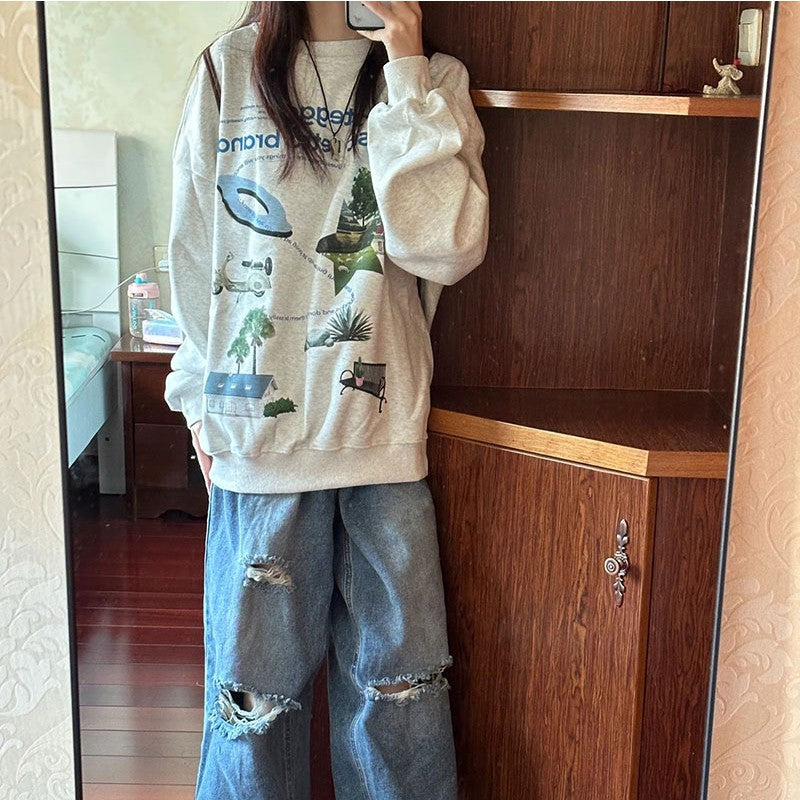 Women's Light Gray Hooded Long-Sleeve Pullover Sweater