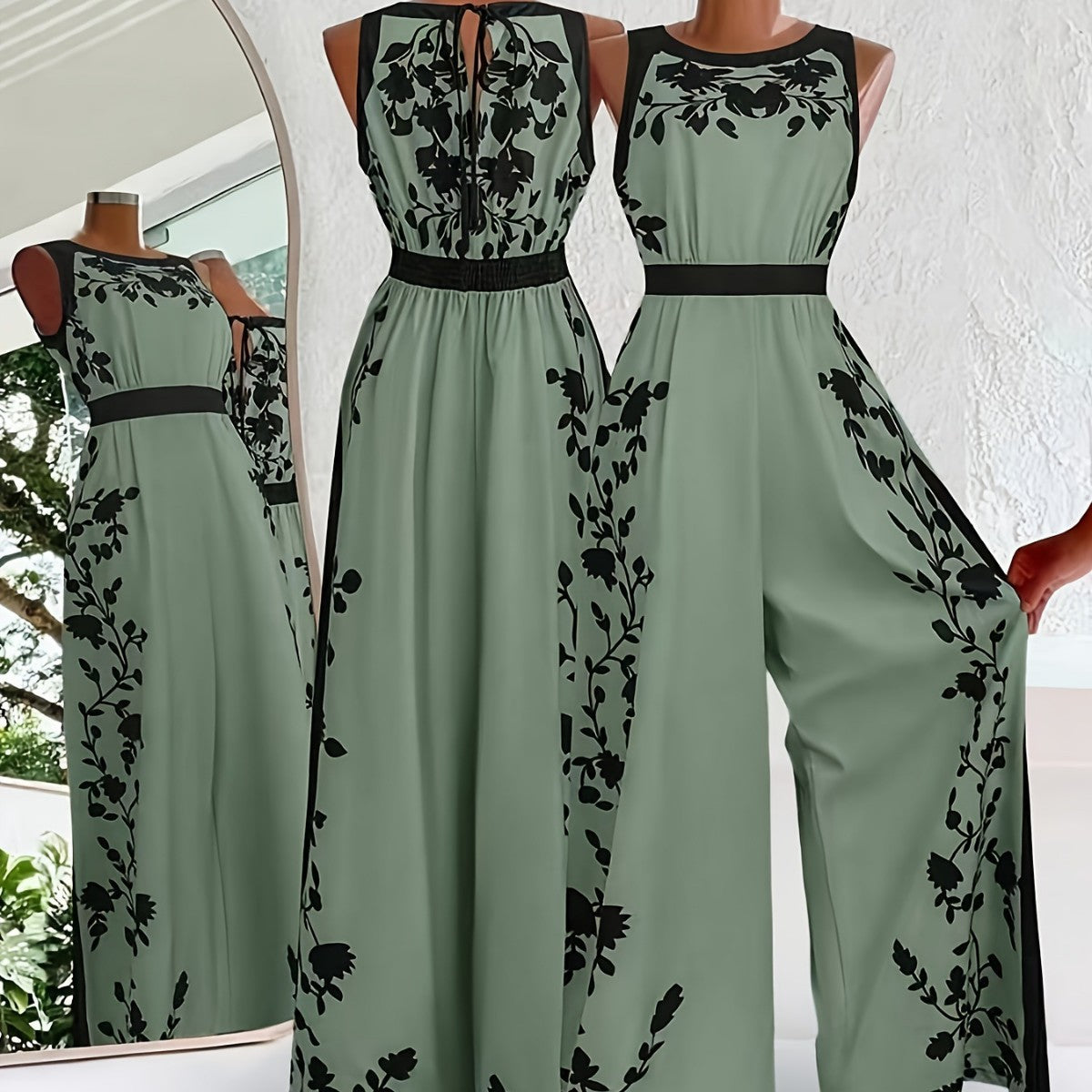 Elegant Sleeveless Printed Open-Back Casual Jumpsuit