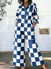 Checkerboard Denim Print Wide-Leg Jumpsuit