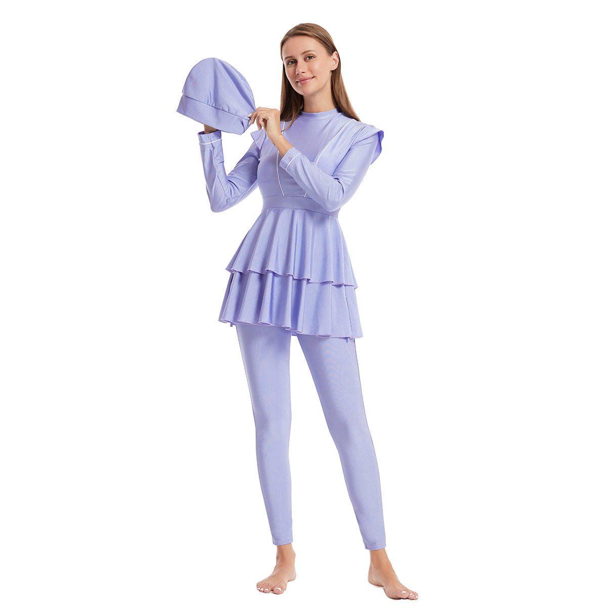 Modest Striped Three-Piece Conservative Swimsuit