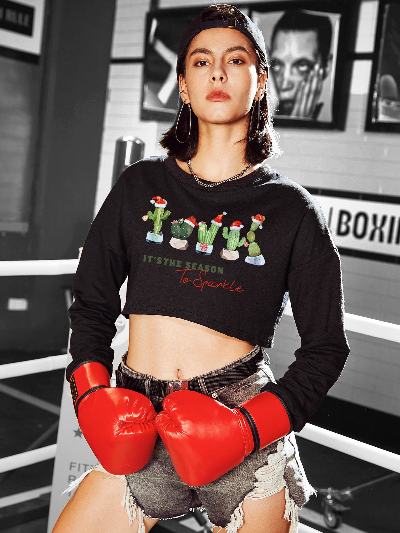 Women's Festive Christmas Cropped Casual Long Sleeve Sweater