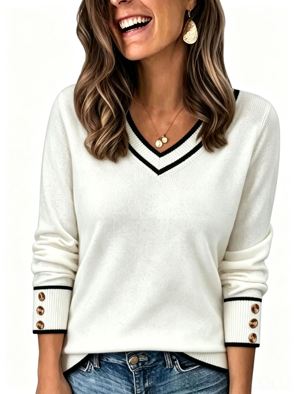Casual Comfortable and Relaxed-fit Contrast-color V-neck Pullover Sweater with Decorative Buttons