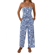 Elegant Printed High-Waisted Sleeveless Tube Top Loose Jumpsuit Womens Wear
