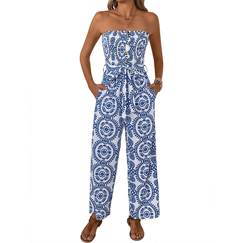 Elegant Printed High-Waisted Sleeveless Tube Top Loose Jumpsuit Womens Wear