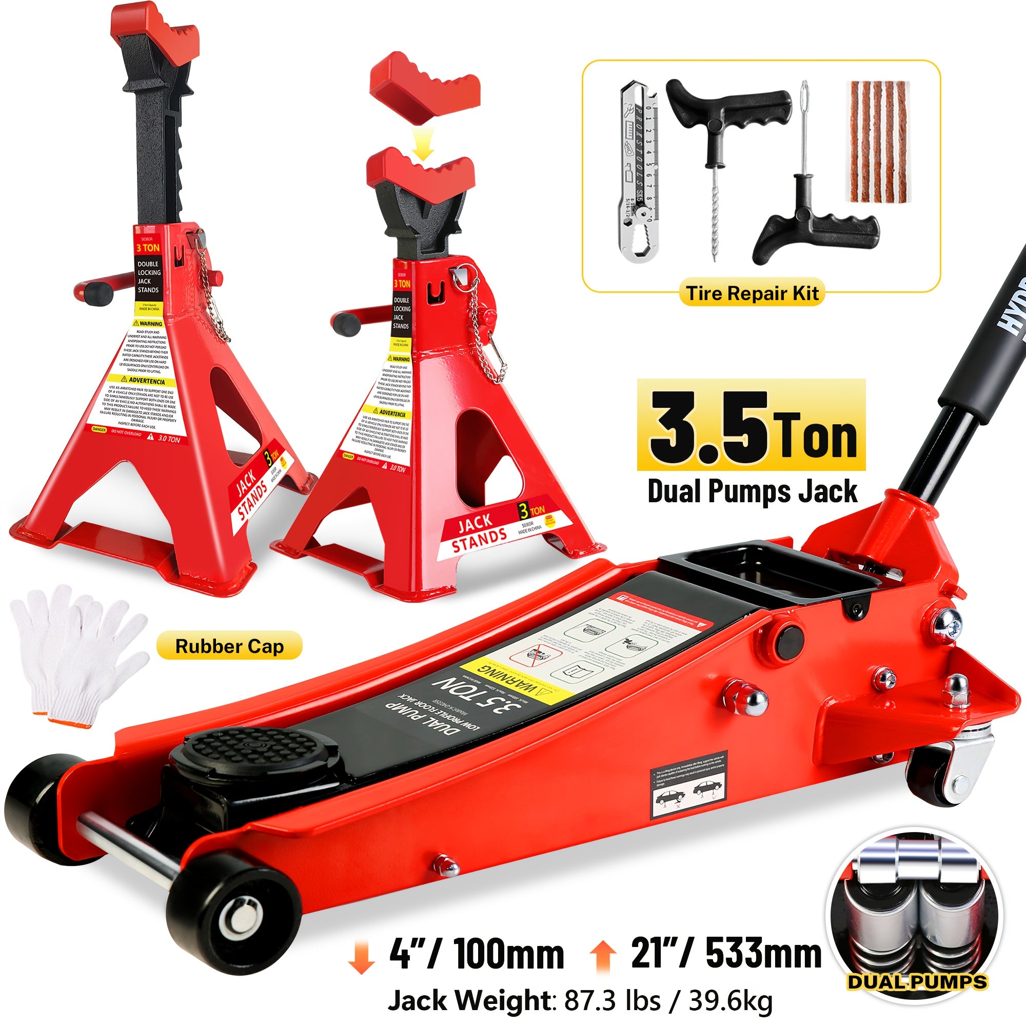 Hydraulic Trolley Floor Jack – Low Profile Steel Jack with Optional 2‑3.5 Ton Capacity and 2 Ratchet 3‑Ton Jack Stands